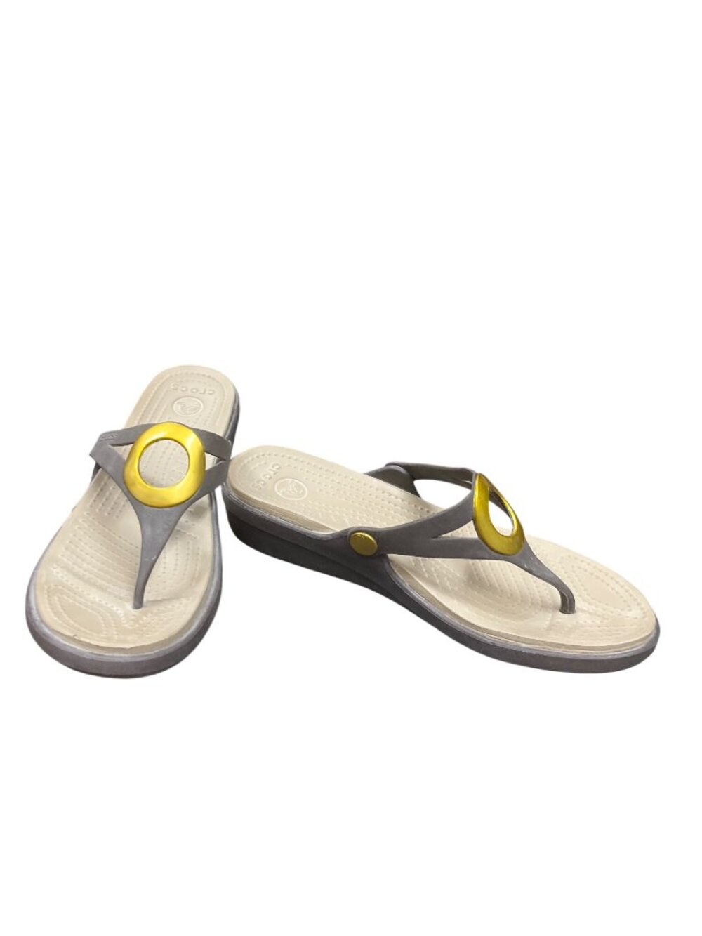 Crocs wms gray faux leather gold ring peep toe sling sandals sz 9W SKU 10-278
